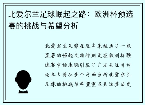 北爱尔兰足球崛起之路：欧洲杯预选赛的挑战与希望分析