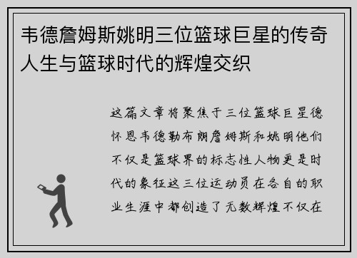 韦德詹姆斯姚明三位篮球巨星的传奇人生与篮球时代的辉煌交织